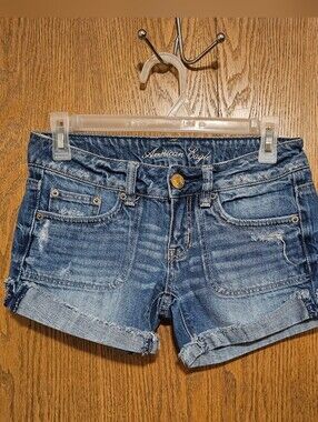 American Eagle Outfitters Distressed Blue Denim Rolled-Cuff Shorts